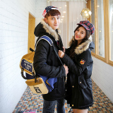 2015冬季新款情侣棉衣韩版中长款青年男女修身加厚连帽外套潮