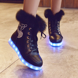 冬季七彩发光鞋女USB充电LED夜荧光鞋鬼步舞加绒黑色内增高雪地靴