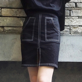 2016夏新款韩版明线装饰开叉黑色牛仔半身裙高腰显瘦百搭A字裙女