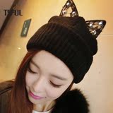 TS气质 韩版秋冬潮牌蕾哈娜同款蕾丝水钻可爱猫耳朵毛线帽针织帽