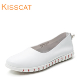 kisscat接吻猫2016新款百搭真皮尖圆头小白鞋休闲舒适平跟女鞋
