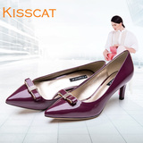 KISSCAT接吻猫2015新款秋季真皮蝴蝶结女鞋尖头细跟浅口单鞋女