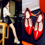 2016春秋韩版新款真皮粗跟高跟复古尖头绑带浅口女单鞋子红色婚鞋