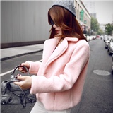 2016冬季新品韩版可爱短款加绒加厚大码粉色羊羔毛绒保暖外套女