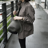 韩国代购女装2016春装立领直筒口袋工装外套