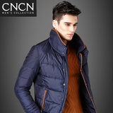 cncn冬季修身男士翻领棉服加厚外套青年纯色新款商务休闲拉链棉衣