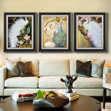 美式现代客厅装饰画  三联欧式画有框挂画沙发背景墙壁画青花孔雀