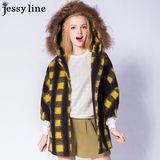 jessy line2015秋冬新款 杰茜莱百搭格子真毛领羊毛呢外套 女大衣