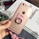 简约iphone6plus手机壳苹果6s挂绳指环支架粉色透明5.5s情侣外壳