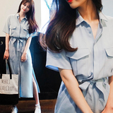 2016夏季新款韩版大码显瘦短袖衬衫中长款连衣裙开叉蝴蝶结系带女