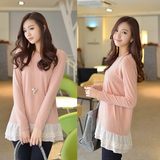 2015新款韩版女装春秋薄款长袖T恤衫学生休闲中长款蕾丝边打底衫
