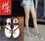 拖鞋女夏韩版时尚外穿厚底中跟坡跟防水台特价水钻夹趾套趾一字拖