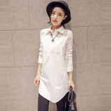 2016春季女装韩版上衣宽松大码中长款蕾丝衬衣显瘦白色打底衬衫女