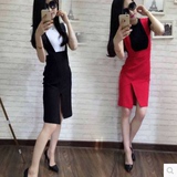 韩版时尚夏装新款气质修身大码纯色上衣T恤+开叉包臀背带裙套装女