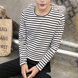16新款长袖tee恤男式韩版修身细条纹T恤男士大码圆领打底衫白色