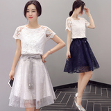 韩国小清新套装裙2016夏季蕾丝两件套连衣裙女中长款修身显瘦裙子