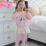春款童装新品韩版中小童女童蕾丝花边裙摆卫衣加打底裤两件套装