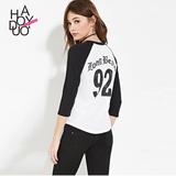 Haoduoyi2016春夏新款 欧美时尚黑白撞色字母印花 七分袖女T恤潮