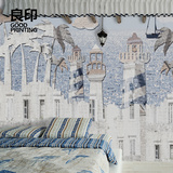 良印地中海蓝色无纺布定制壁画手绘城堡个性创意高档环保墙纸壁纸