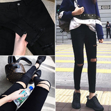 韩版2016夏季女装新款高腰磨破洞黑色牛仔裤修身小脚铅笔裤子长裤