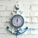 地中海风格蓝白船舵舵手船锚创意个性挂钟钟表电子表装饰航海时钟