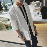ZXS夏装韩版中长款超薄风衣男纯色防晒衬衫衣服 七分袖披风外套潮