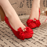 手工婚鞋红色平底新娘鞋低跟细跟孕妇结婚鞋子中跟礼服鞋高跟鞋