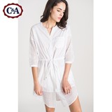 C＆A女式镂空刺绣系带白衬衫 纯棉长款CA200166273