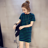 韩国代购2016夏装新款圆领短袖横条纹中长款连衣裙修身打底t恤女
