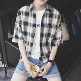 2016夏季日系青少年短袖衬衫林弯弯男士学生韩版格子简约半袖衬衣
