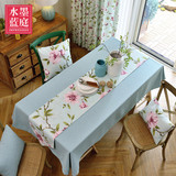 现代简约浅蓝色纯色素色棉麻布艺餐桌茶几布台布韩式田园桌布桌旗