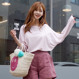 韩国代购 2016加肥加大码女装200斤夏条纹宽松长袖t恤女短款学生