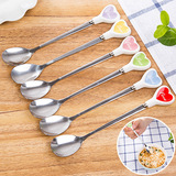 韩式创意小清新不锈钢学生便携餐具可爱卡通陶瓷长柄小勺子