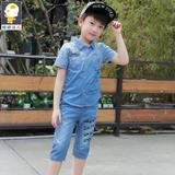 韩版3童装夏季4儿童衬衫5七分裤 男童6短袖套装7牛仔8两件套9岁潮