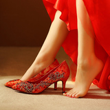 伴娘鞋水钻单鞋大红色婚鞋中式结婚新娘鞋尖头绣花鞋女婚宴高跟鞋