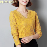 Bomovo新品打底衫2016秋冬季欧美女装V领长袖蕾丝衫修身上衣小衫