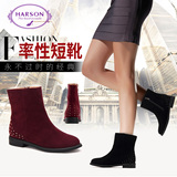 哈森/harson 冬季新款休闲圆头侧拉链女鞋 羊皮靴子HA49007