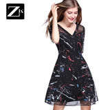 ZK短袖V领时尚印花连衣裙透视性感修身显瘦裙子2016夏装新款女装