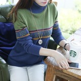 秋季新款韩版女装复古高领套头宽松几何提花图案中长款毛衣女