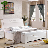 全实木床白色1.5 1.8米 单双人婚床 橡木简约中式储物高箱床 包邮
