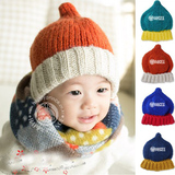 秋冬韩版 男女儿童奶嘴拼色毛线帽子 宝宝护耳尖顶保暖帽子80g