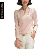 风私语新款韩版女装衬衫小V领褶皱修身长袖OL雪纺衬衣打底衬衫