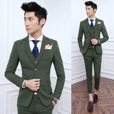 韩版修身男士军绿色西服套装影楼个性九分裤西装三件套歌手演出服