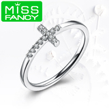 MissFancy银戒指S925银镀18K白金女欧美创意十字架镶嵌戒指女款