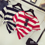 ZHU韩国代购蓝白条红白条宽条短款圆领短袖基本条纹控T恤女