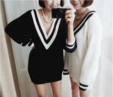 2016韩国东大门代购秋装新款针织衫女中长款套头大V领学院风T恤