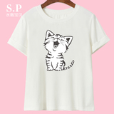 2016夏季新款宽松韩版女t恤 个性猫咪印花可爱卡通短袖宽松T恤女
