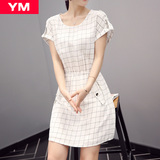 YM女装品牌欧洲站2016夏装新款短袖韩版修身中长款格纹棉麻连衣裙