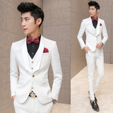 西服套装男士韩版修身型男装商务正装结婚礼服压花西装白色两件套