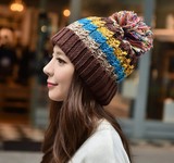 毛球拼色粗毛线帽子韩国潮女士秋冬季可爱护耳针织帽加绒加厚帽子